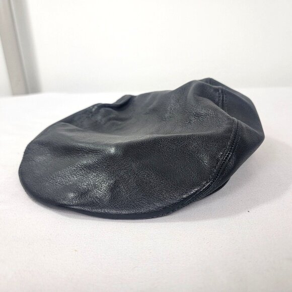 Minnetonka Black Leather Hat Size SMALL Cap Newsboy Cabbie Snapfront ~20" band - Picture 1 of 4